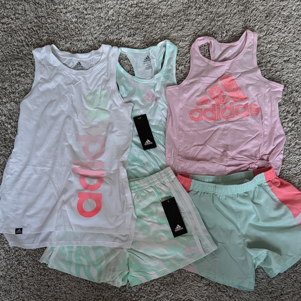 Adidas Pastel Tank and Shorts Set in White, Pink, and Mint bundle